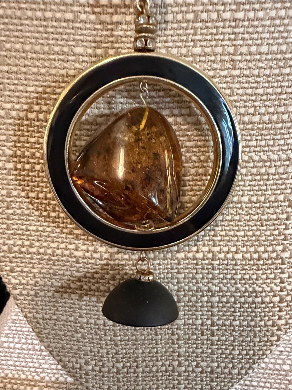 Circular Pendant Necklace with Amber-Like Stone and Black Accent